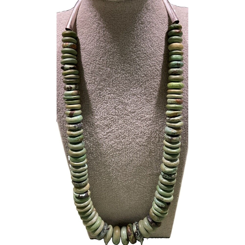 Sterling Silver Green Turquoise Disk Bead Necklace Shepherds Hook Clasp